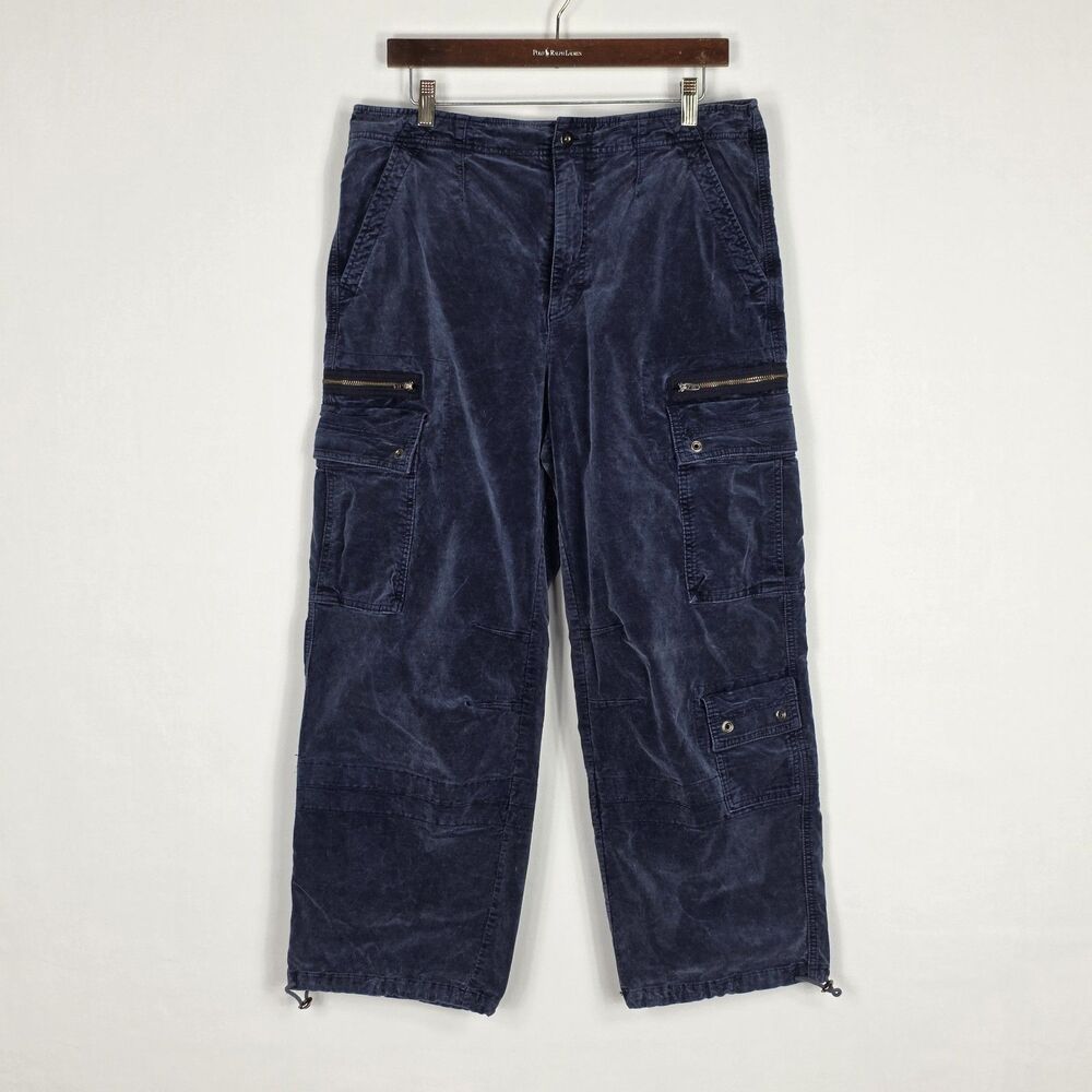 Free People Sahar Velvet Utility Pants Medium High Rise Slouchy Cargo Navy Blue